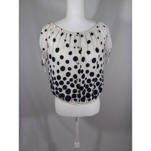 Papermoon Blouse Womens Medium White Polka Dot Puff Sleeve Button Front Top
